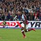 West Ham striker Michail Antonio (R) celebrates after scoring against Leicester