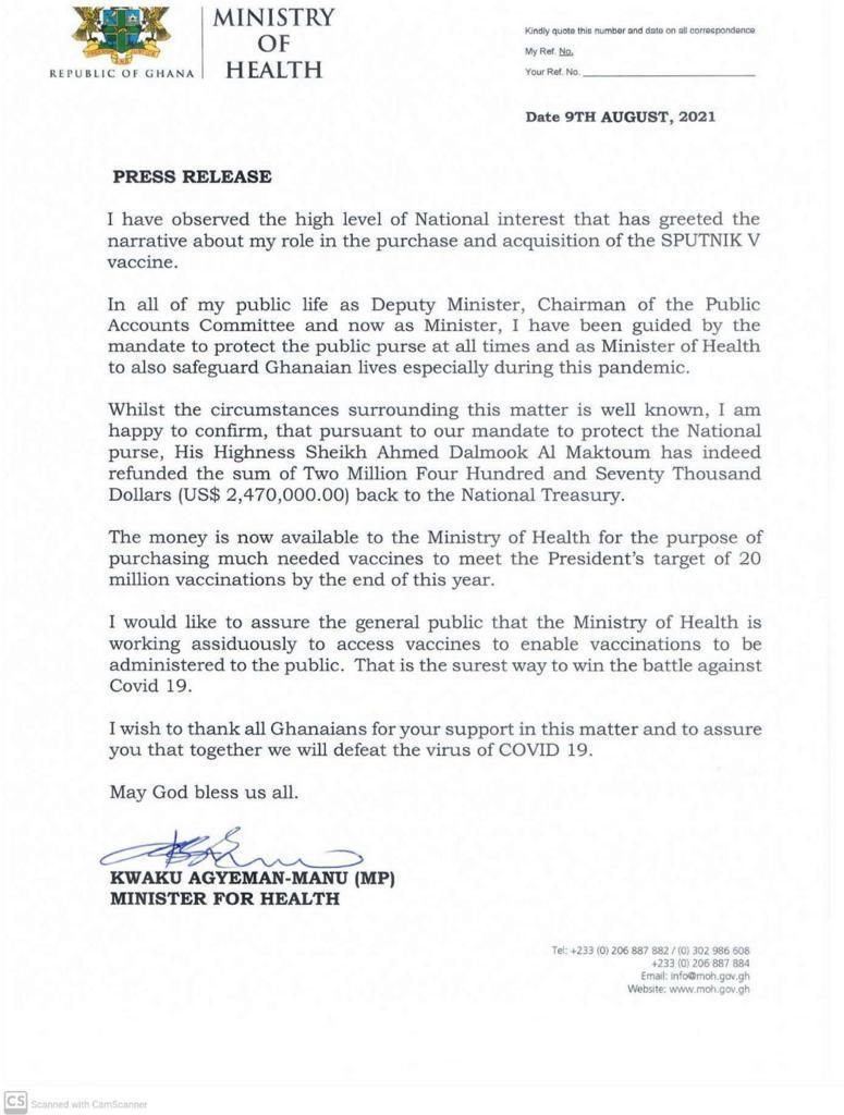 Health Minister Kwaku Agyeman-Manu's letter