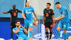 Zenit's Magomed Ozdoev celebrates after scoring against Chelsea