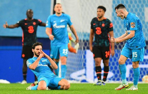 Zenit's Magomed Ozdoev celebrates after scoring against Chelsea