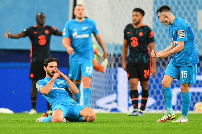 Zenit's Magomed Ozdoev celebrates after scoring against Chelsea