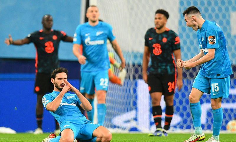 Zenit's Magomed Ozdoev celebrates after scoring against Chelsea