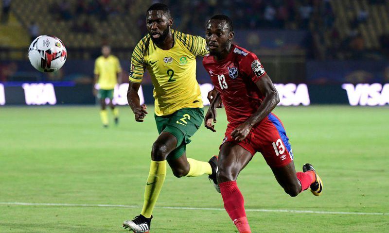 Star Mamelodi Sundowns forward Peter Shalulile (R) playing for Namibia against South Africa at the 2019 Africa Cup of Nations in Egypt.