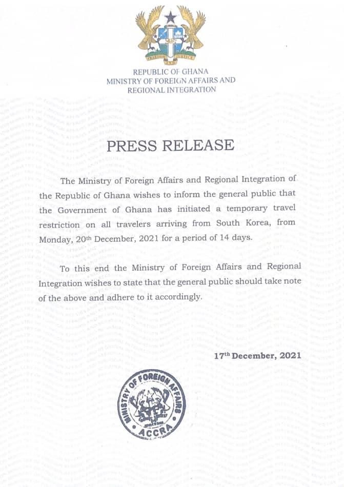 Travellers from Malta, South Korea and Israel banned from entering Ghana until further notice