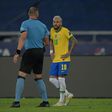 Argentine referee Nestor Pitana, left, speaks with Brazil's Neymar during the Copa America football tournament group phase match between Brazil and Colombia on Wednesday in Rio de Janeiro