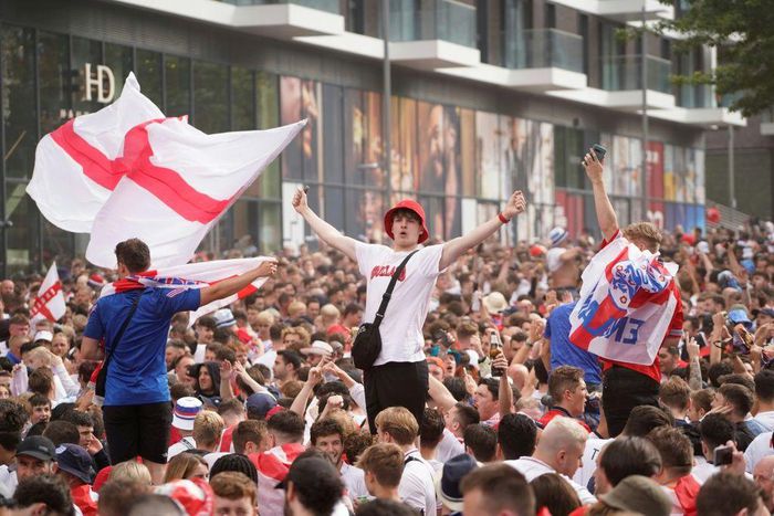 Fans gather outside Wembley Stadium ahead of the  Euro 2020 final