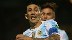 Angel Di Maria celebrates after scoring the only goal of the game against Uruguay that pushed Argentina closer to qualifying for the World Cup