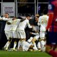 Nice players celebrate Amine Gouiri's late winner at Clermont