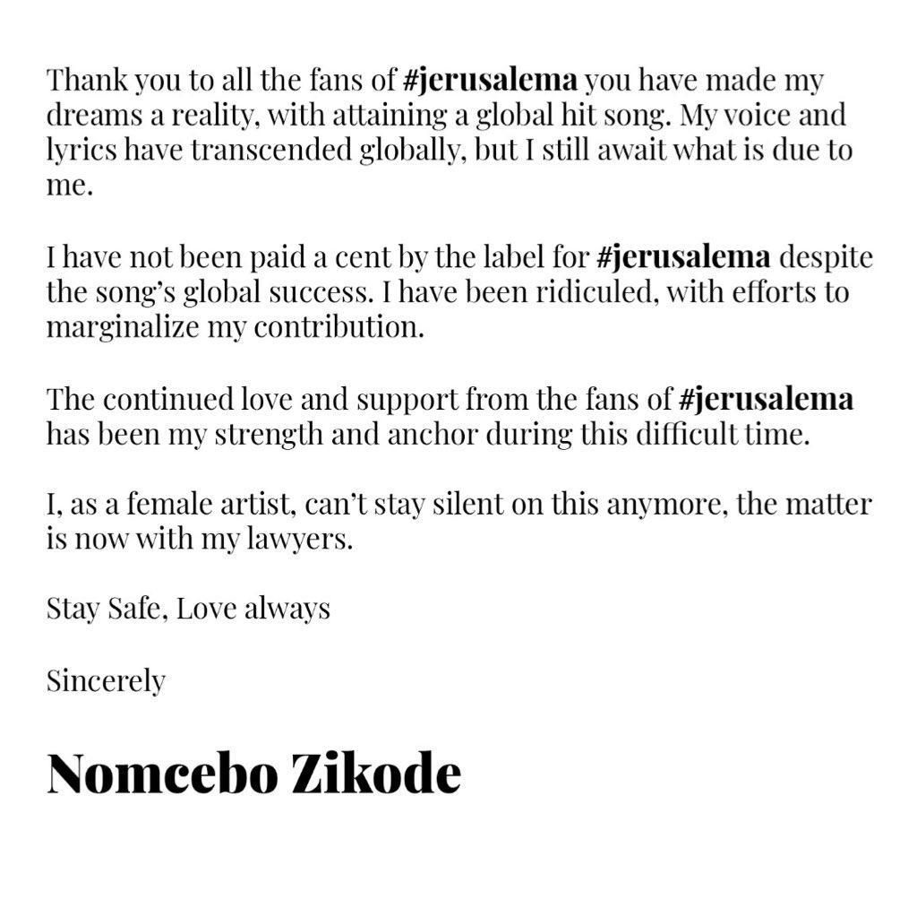 I have not been paid a cent from Jerusalema - Nomcebo Zikode