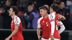 Joakim Maehle (centre) scored the crucial goal for Denmark