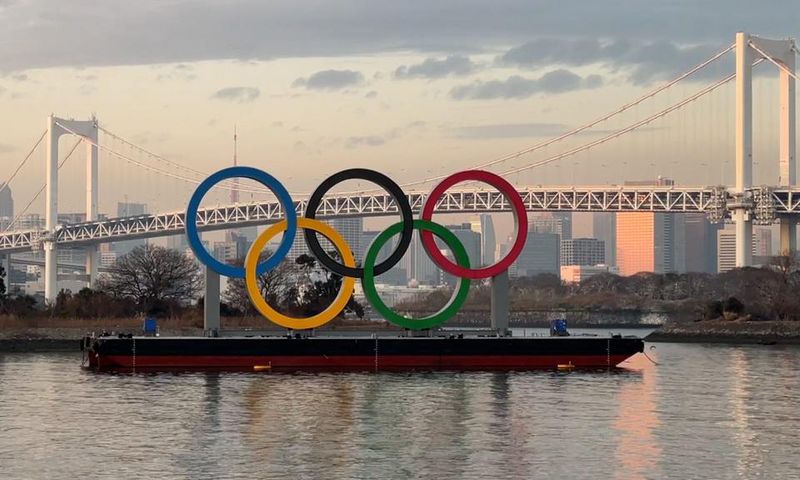The Olympic rings in Tokyo Bay.