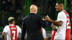 Ajax coach Erik ten Hag with Sebastien Haller after the Dutch club beat Sporting in Lisbon in September