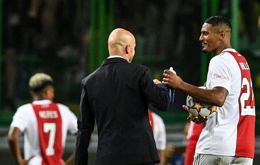 Ajax coach Erik ten Hag with Sebastien Haller after the Dutch club beat Sporting in Lisbon in September