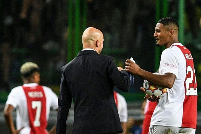Ajax coach Erik ten Hag with Sebastien Haller after the Dutch club beat Sporting in Lisbon in September