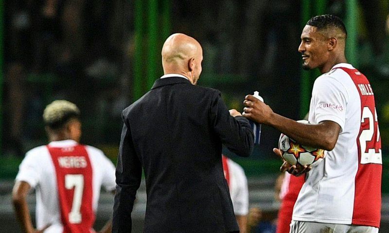 Ajax coach Erik ten Hag with Sebastien Haller after the Dutch club beat Sporting in Lisbon in September