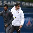Neymar with PSG coach Mauricio Pochettino at a training session on Monday