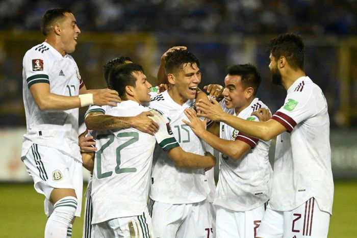 Mexico's Hector Moreno celebrates with teammates after scoring against El Salvador in a 2-0 World Cup qualifier in San Salvador