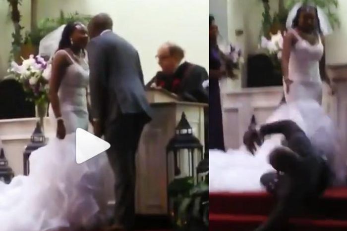 Groom rolls on the floor as anointing throws him off the altar after kissing bride (video)
