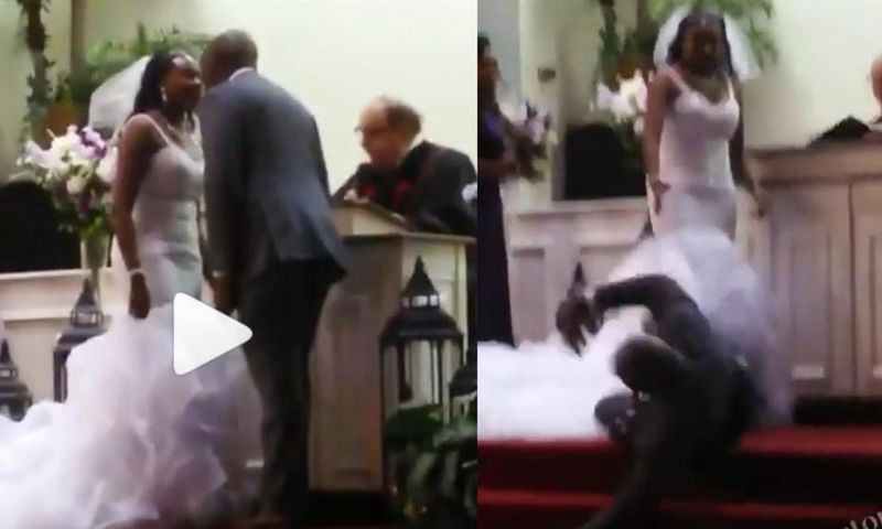 Groom rolls on the floor as anointing throws him off the altar after kissing bride (video)