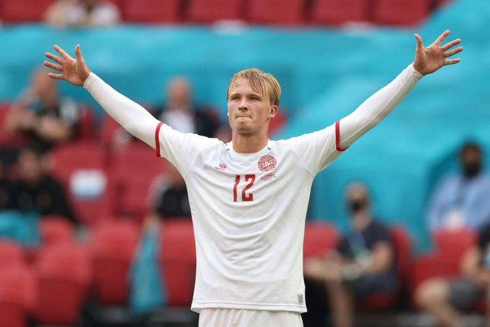 Danish delight: Kasper Dolberg scored twice against Wales in the last 16 of Euro 2020