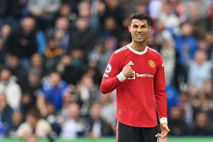Manchester United's Portuguese striker Cristiano Ronaldo during the English Premier League football match between Leicester City and Manchester United at King Power Stadium in Leicester, central England on October 16, 2021