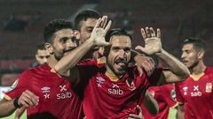 Defender Ali Maaloul (C) and teammates from Egyptian club Al Ahly celebrate a goal en route to winning the 2021 CAF Champions League
