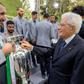 Italy's President Sergio Mattarella (R) congratulating captain Giorgio Chiellini on their Euro 2020 victory