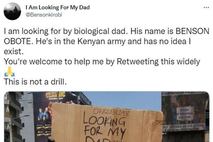 “I’m looking for my biological dad dead or alive” – Man hits town with placard