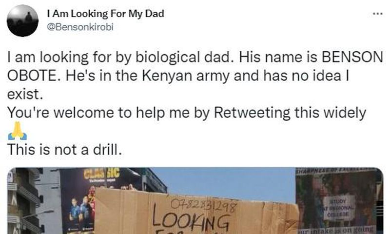 “I’m looking for my biological dad dead or alive” – Man hits town with placard