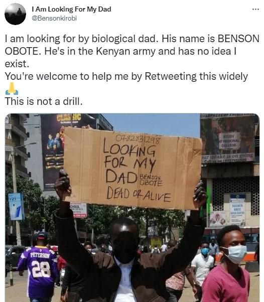 “I’m looking for my biological dad dead or alive” – Man hits town with placard