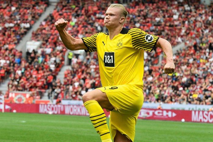 Erling Braut Haaland celebrates scoring against Leverkusen on Saturday