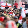 Supporters fill Olympic Way as they arrive at Wembley Stadium ahead of the Euro 2020 final between England and Italy