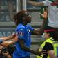 Moise Kean (R) celebrates his opening goal for Italy against Lithuania