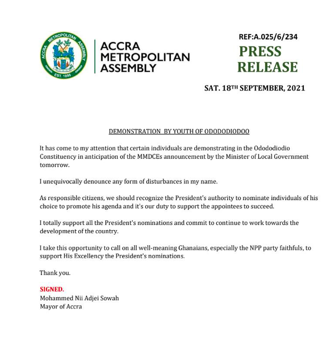 Accra Mayor condemns Odododiodoo demo