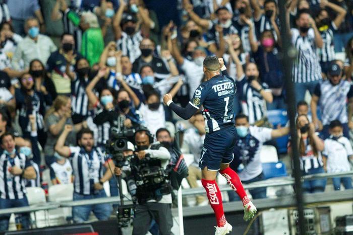 Rogelio Funes Mori celebrates after scoring the winner for Monterrey against Club America in the CONCACAF Champions League final