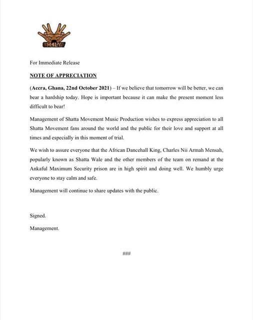 Shatta Wale is doing well in prison - Management