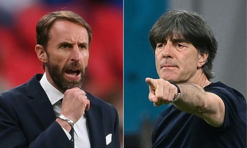 England manager Gareth Southgate (L) and Germany boss Joachim Loew