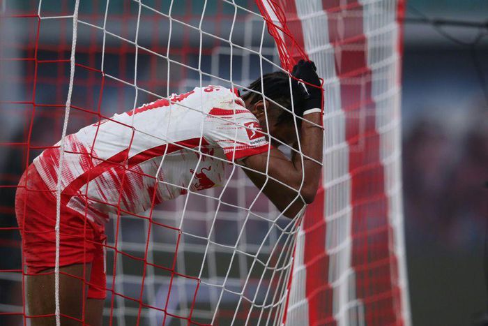 Leipzig midfielder Christopher Nkunku shows his frustration during Saturday's defeat