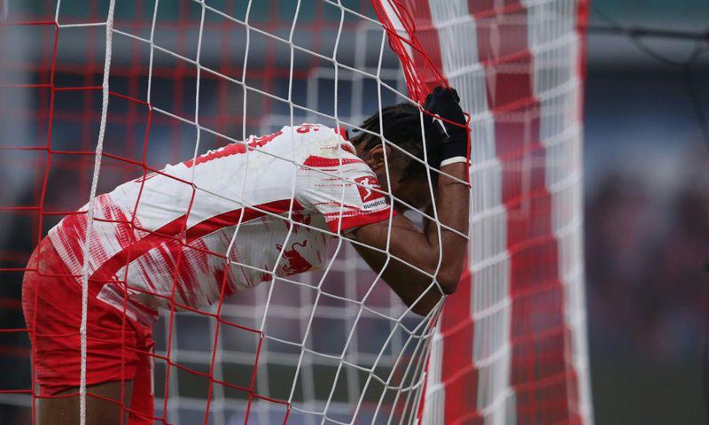 Leipzig midfielder Christopher Nkunku shows his frustration during Saturday's defeat