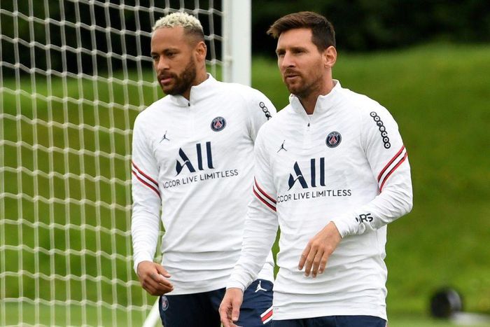 Best of enemies: Neymar and Lionel Messi trained together for Paris Saint-Germain on Monday but will be opponents on September 5