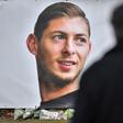 A portrait of Emiliano Sala displayed in front of the entrance of the FC Nantes football club training centre in 2019 after he died in a plane crash