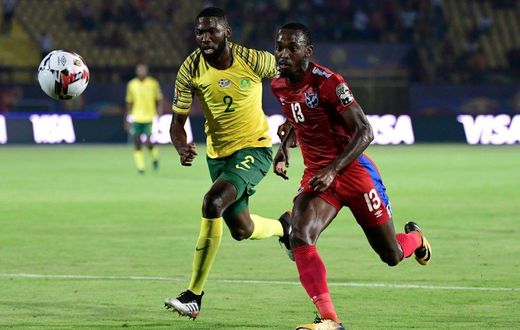 Mamelodi Sundowns star  Peter Shalulile (R) playing for Namibia against South Africa at the 2019 Africa Cup of Nations in Egypt