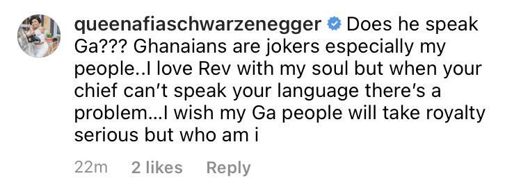 Afia Schwarzenegger isn't happy about Rev Obofour's chieftancy title