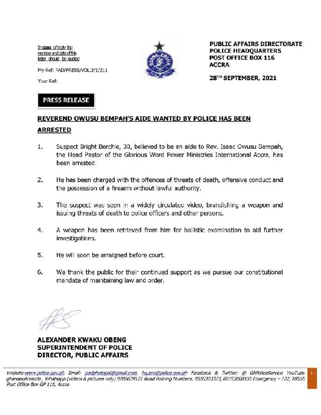 Police statement on Owusu Bempah's aide