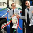 Italy coach Roberto Mancini and captain Giorgio Chiellini with the Euro 2020 trophy in Rome in July