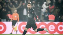 Lionel Messi celebrates his first goal in the French top-flight