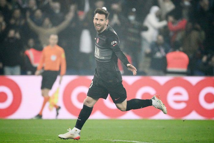 Lionel Messi celebrates his first goal in the French top-flight