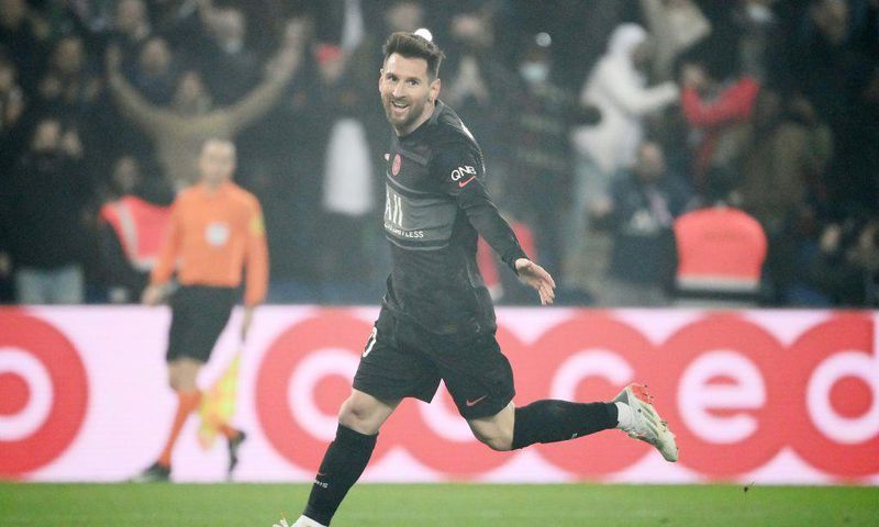 Lionel Messi celebrates his first goal in the French top-flight