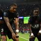 PSG players celebrate after Idrissa Gana Gueye (R) put them ahead against Montpellier