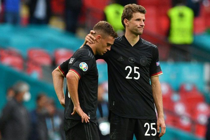 Germany forward Thomas Mueller comforts Joshua Kimmich after their Euro 2020 last 16 defeat to England at Wembley